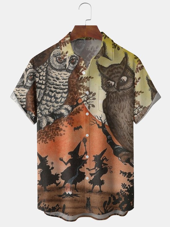 Men's Halloween Print Short Sleeve Hawaiian Shirt with Chest Pocket