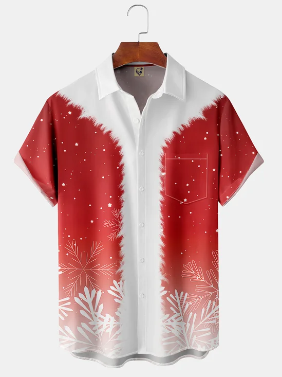 Christmas Chest Pocket Short Sleeve Shirt Lapel Print Top