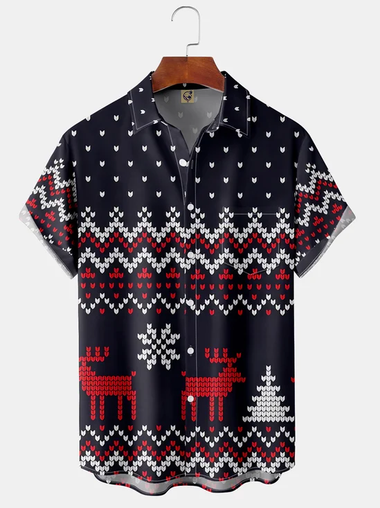 Christmas Chest Pocket Short Sleeve Hawaiian Shirt