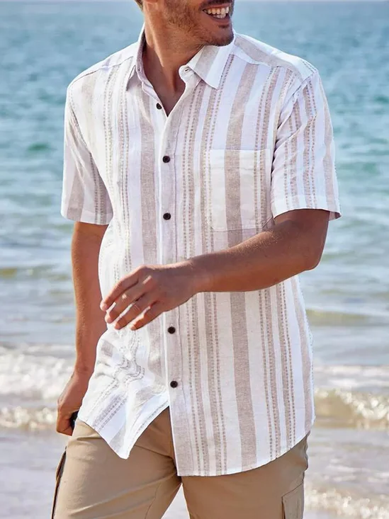Striped Chest Pocket Short Sleeve Casual Shirt