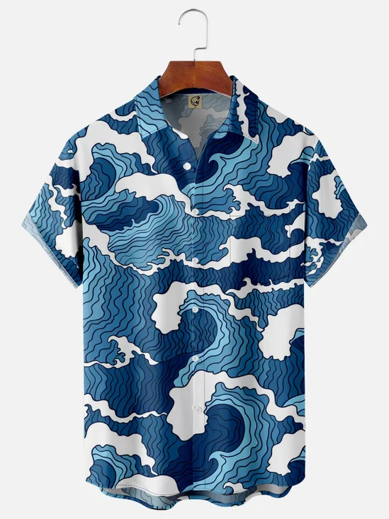 Japanese Ukiyoe Wave Chest Pocket Short Sleeve Hawaiian Shirt