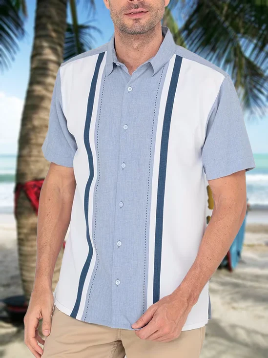 Stripe Printed Short Sleeve Casual Bowling Shirt