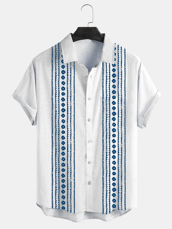Striped Chest Pocket Short Sleeve Bowling Shirt