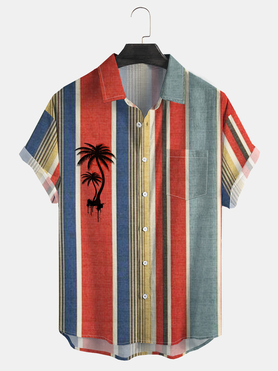 Coconut Tree Striped Chest Pocket Short Sleeve Vacation Shirt