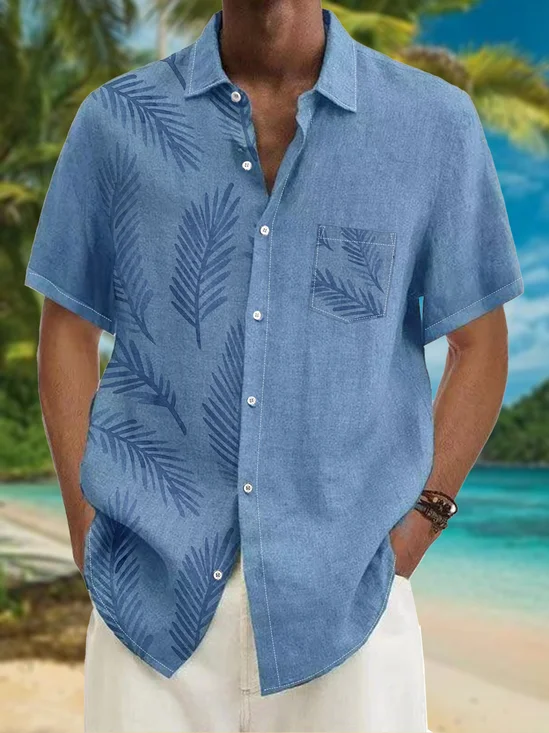 Hawaiian Botanical Print Chest Pocket Short-Sleeve Casual Shirt