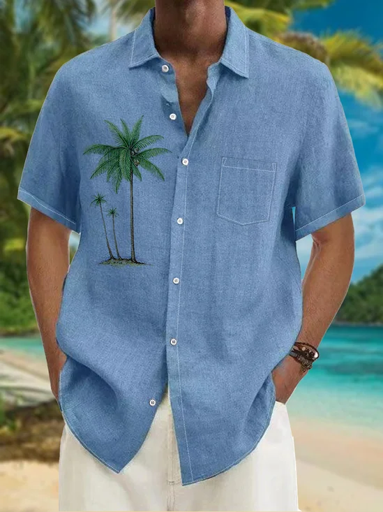 Coconut Tree Chest Pocket Short Sleeve Hawaiian Shirt