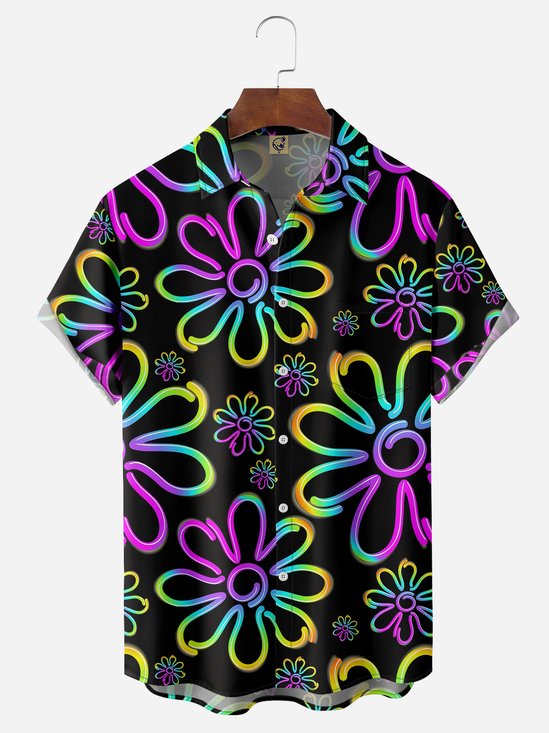 3D Line Flower Chest Pocket Short Sleeve Hawaiian Shirt