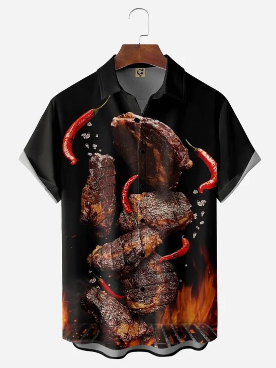 Barbecue Beef Chest Pocket Short Sleeve Shirt