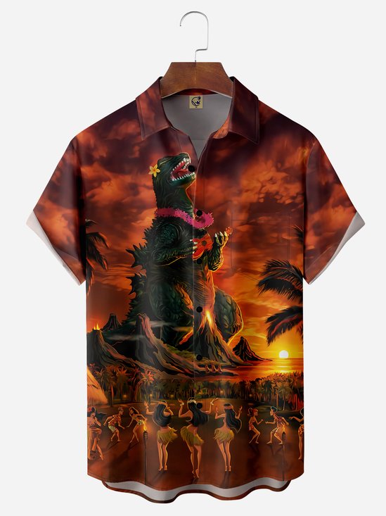 Hula Girl Dinosaur Chest Pocket Short Sleeve Hawaiian Shirt