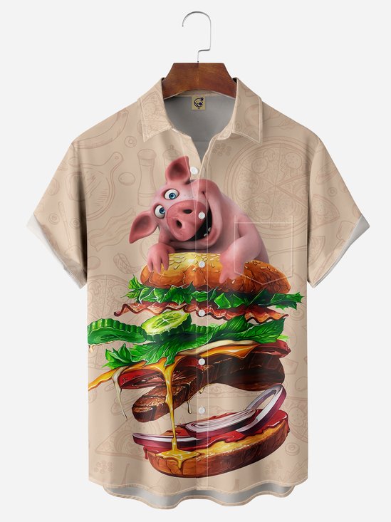 BBQ Pig Chest Pocket Short Sleeve Casual Shirt