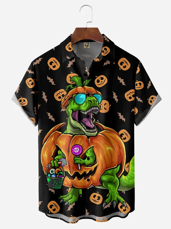 Halloween Dinosaur Chest Pocket Short Sleeve Shirt