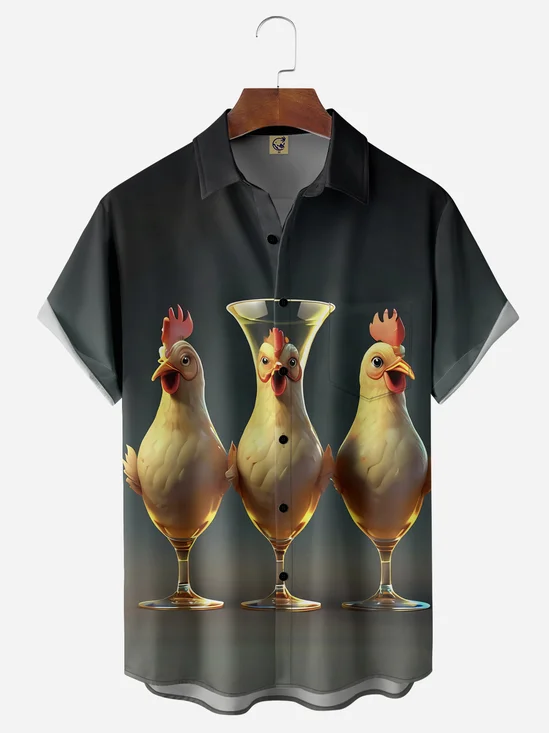 Three Cups Chicken Chest Pocket Short Sleeves Casual Shirt