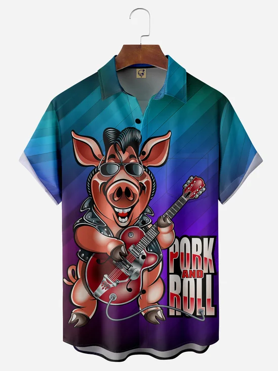 Rock Guitar Music Pig Chest Pocket Short Sleeve Shirt