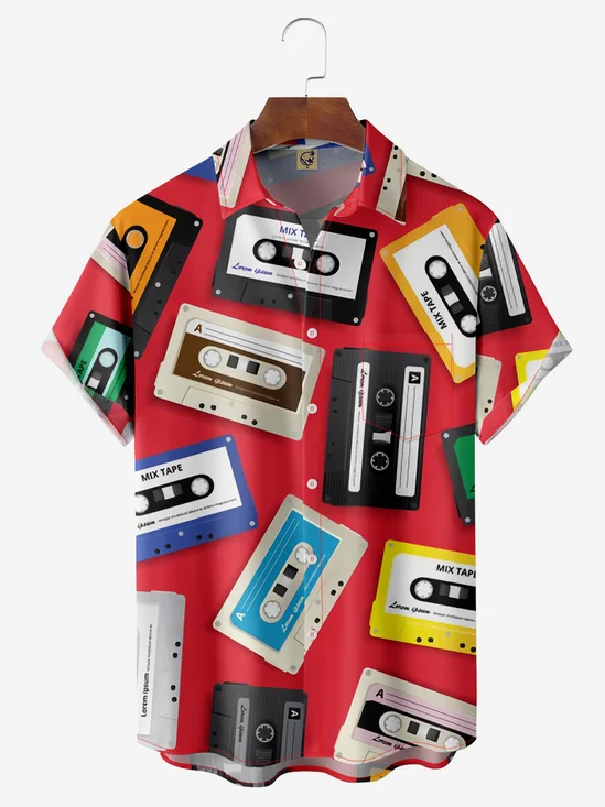 Music Tape Chest Pocket Short Sleeve Casual Shirt