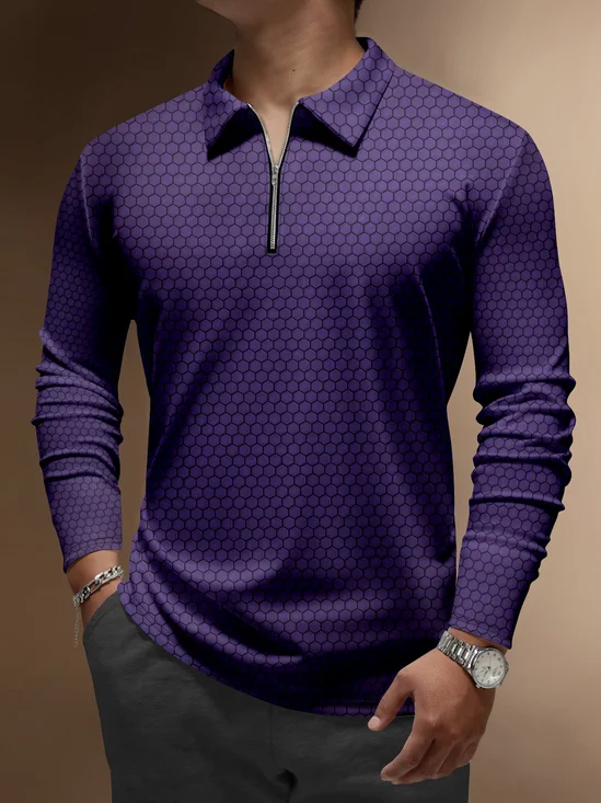 Geometric Zip Long Sleeves Casual Polo Shirt