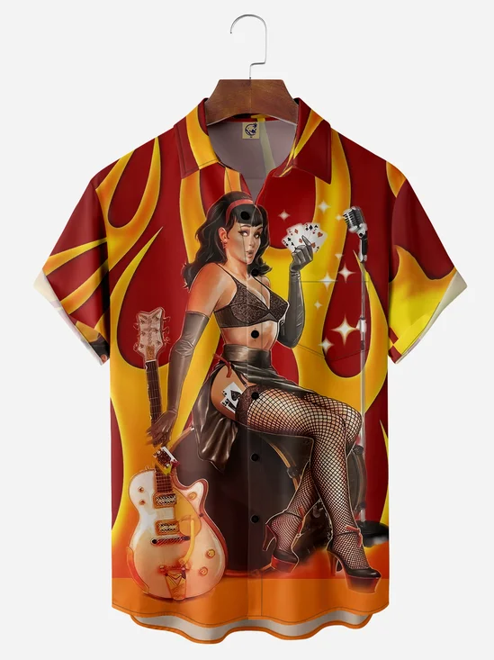 Belle Flame Guitar Chest Pocket Short Sleeve Hawaiian Shirt
