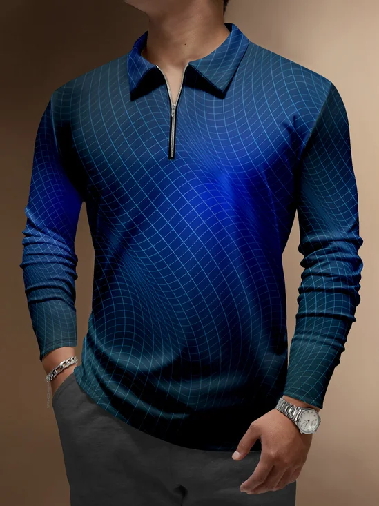 3D Geometric Zipper Long Sleeve Casual Polo Shirt