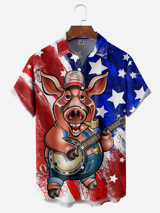 Big Size Flag Animal Pig Chest Pocket Short Sleeve Casual Shirt