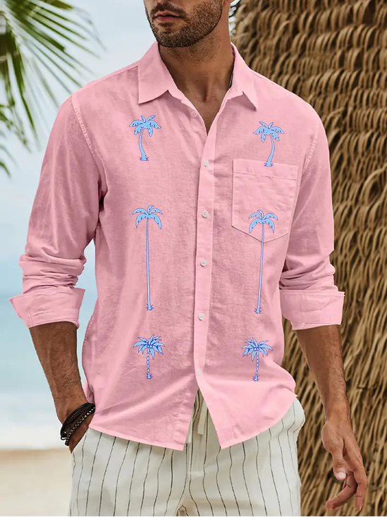 Coconut Tree Chest Pocket Long Sleeve Guayabera Shirt