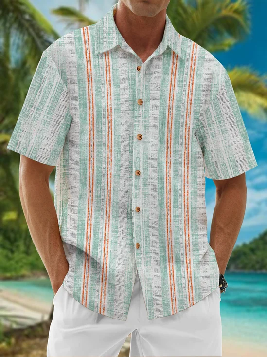 Striped Abstract Chest Pocket Short Sleeve Bowling Shirt