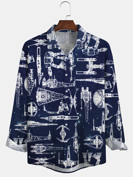 Spacecraft Chest Pocket Long Sleeve Casual Shirt