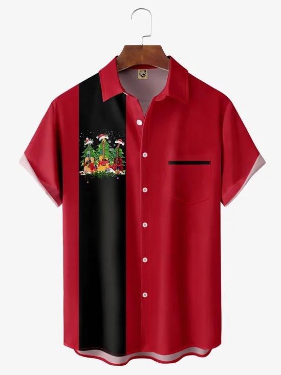 Christmas Guitar Chest Pocket Short Sleeve Bowling Shirt