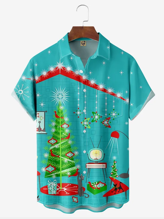 Retro Christmas Chest Pocket Short SleevesCasual Shirt
