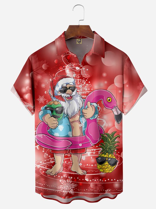 Christmas Santa Claus Flamingo Chest Pocket Short Sleeve Shirt