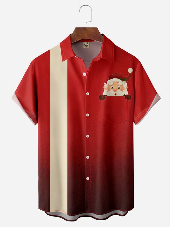 Christmas Santa Chest Pocket Short Sleeve Bowling Shirt