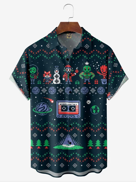 Christmas Cartoon Figures Chest Pocket Short Sleeve Casual Shirt
