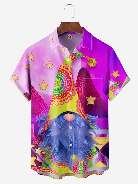 Hippie Mushroom Gnome Chest Pocket Short Sleeve Casual Shirt