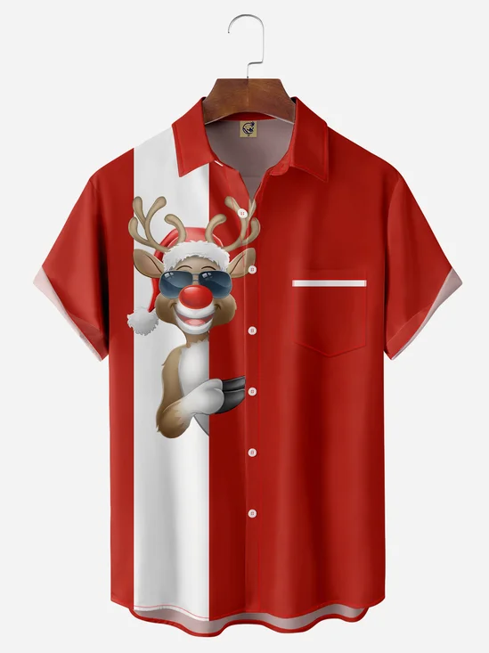 Christmas Elk Chest Pocket Short Sleeve Bowling Shirt