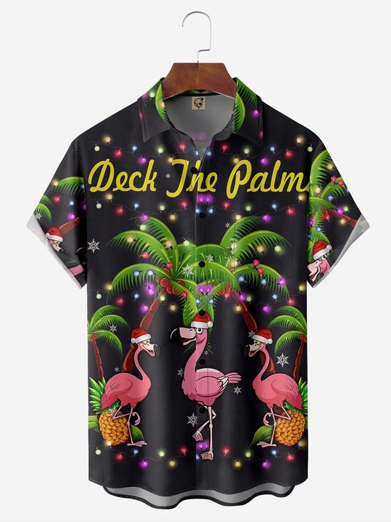 Christmas Flamingo Chest Pocket Short Sleeve Casual Shirt