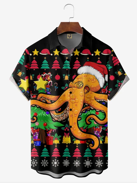 Christmas Octopus Chest Pocket Short Sleeve Ugly Shirt