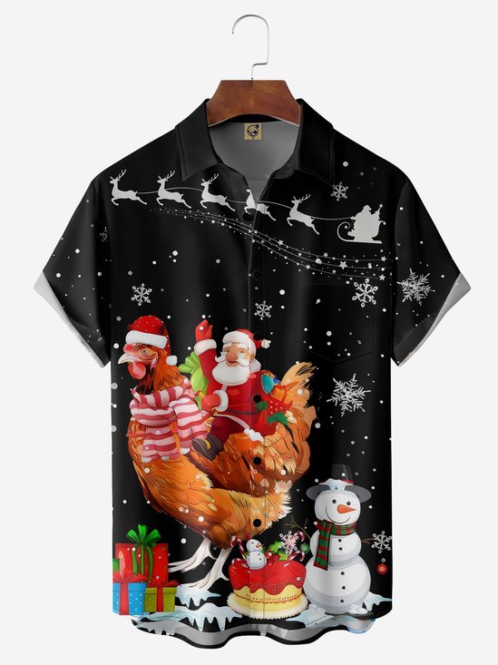 Santa Claus Chicken Chest Pocket Short Sleeve Casual Shirt
