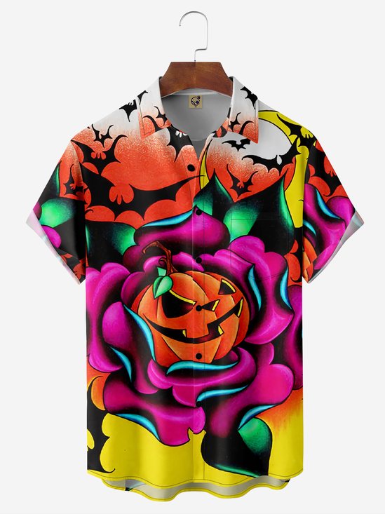 Halloween Pumpkin Chest Pocket Short Sleeve Casual Shirt