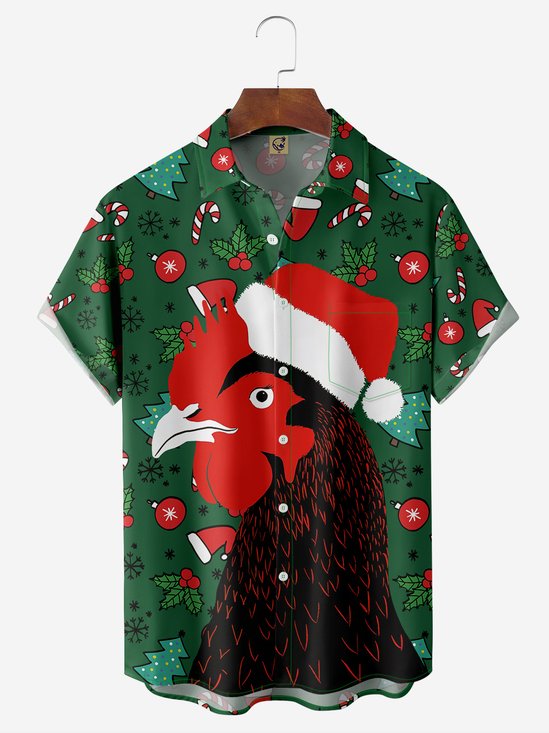 Christmas Rooster Chest Pocket Short Sleeve Shirt