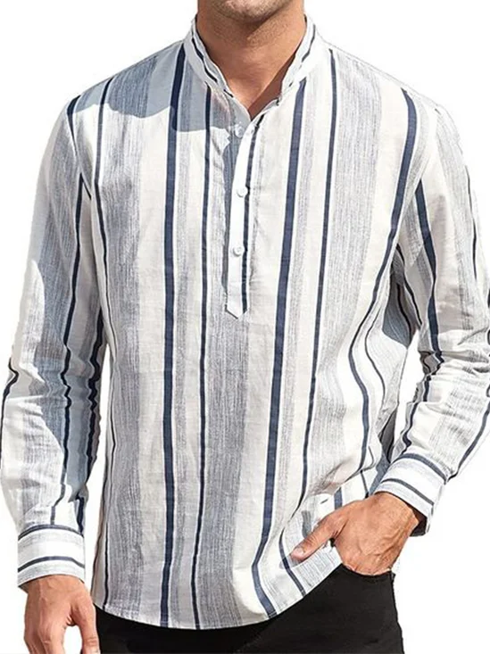Striped Long Sleeve Stand Collar Henley Shirt
