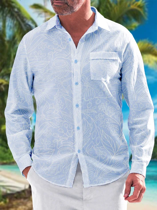 Floral Chest Pocket Long Sleeve Vacation Shirt
