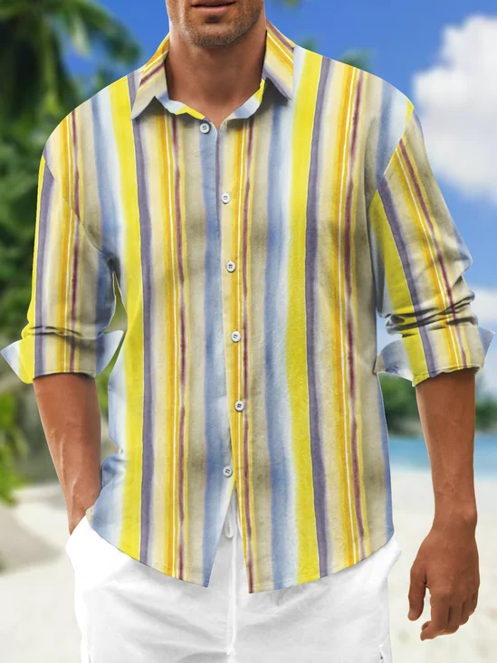 Gradient Striped Chest Pocket Long Sleeve Casual Shirt