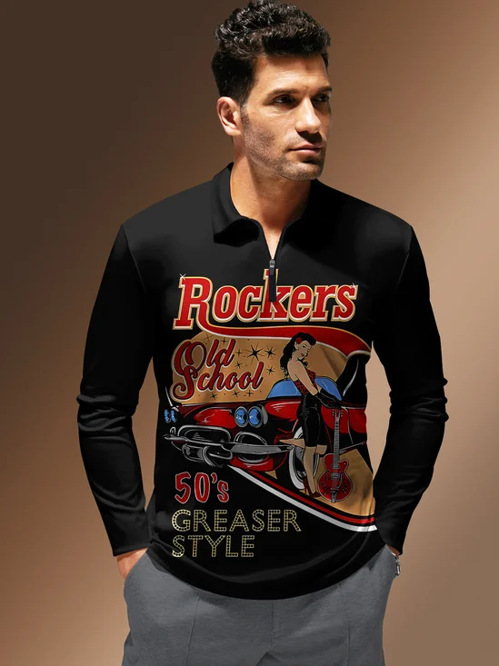 Rock Music Retro Zipper Long Sleeves Casual Polo Shirts