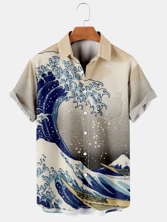 Big Size Japanese Ukiyoe Wave Chest Pocket Short Sleeve Hawaiian Shirt