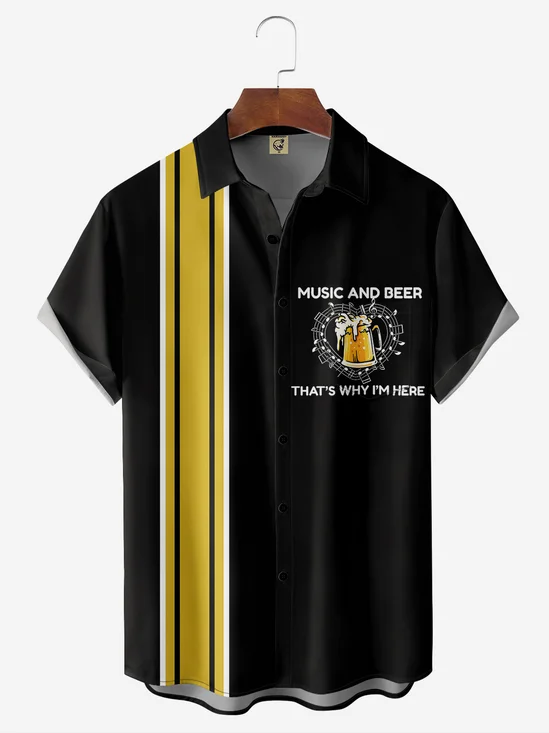 Beer Music Chest Pocket Short Sleeve Bowling Shirt