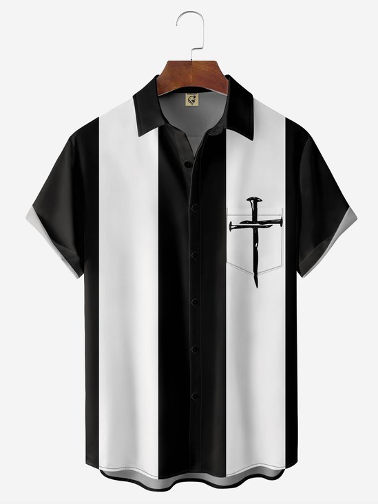 Mens Crucifix Print Casual Short Sleeve Shirt Hawaiian Top