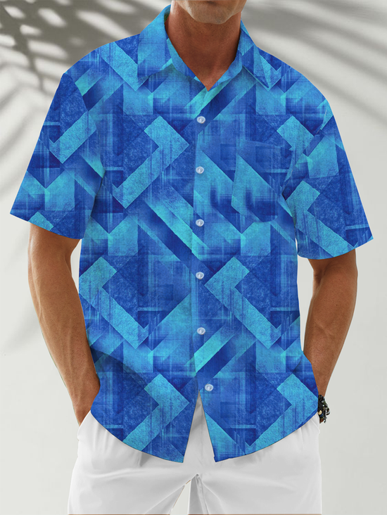 Moisture Wicking Geometric Gradient Chest Pocket Hawaiian Shirt