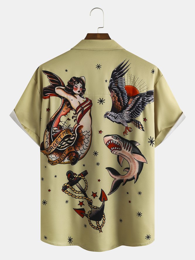 Men's Mermaid Print Casual Breathable Hawaiian Short Sleeve Shirt