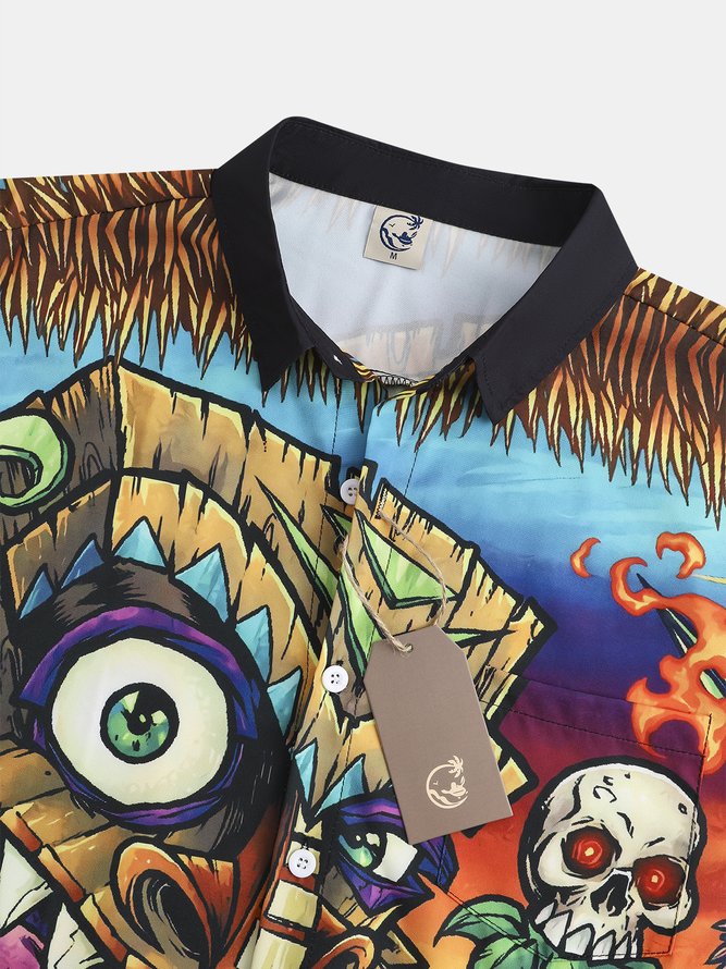 Mens Hawaii Tiki Print Front Buttons Soft Breathable Chest Pocket Casual Hawaiian Shirts