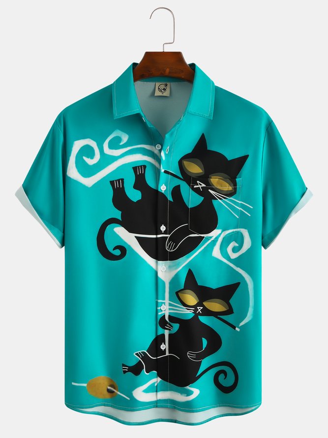 Men's Art Cat Print Casual Breathable Hawaiian Short Sleeve Shirt