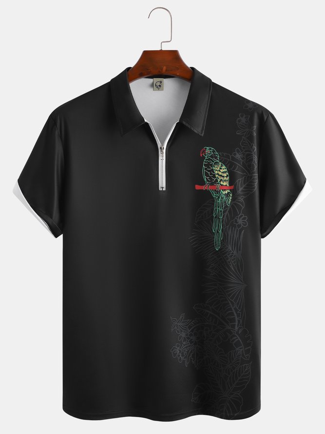 Holiday Style Hawaiian Series Plant Leaves Parrot Element Pattern Lapel Short-Sleeved Polo Print Top