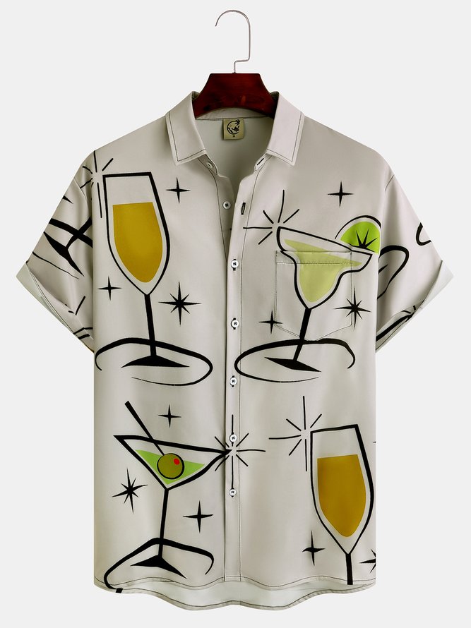 Men's Cocktail Print Casual Breathable Hawaiian Short Sleeve Shirt